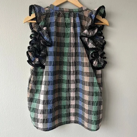 Munthe Ruffled Plaid Sleeveless Blouse Tassel Tie Womens Size 38 (M) - Picture 5 of 8